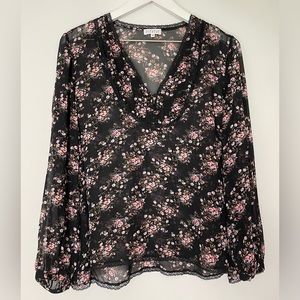 Claudie Pierlot V Neck Long Sleeve Sheer Blouse Black Floral Size 40/US 8
